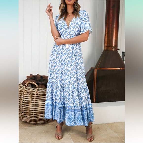 R. Vivimos Summer Short Sleeve V Neck Floral Print Casual Bohemian Midi Dress - Picture 3 of 14